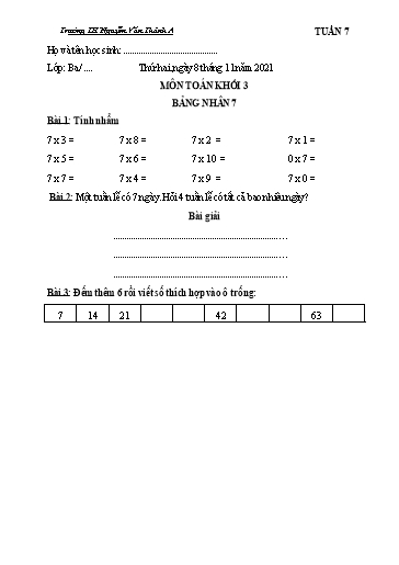 Nội dung học tập môn Toán Khối 3 - Tuần 7 - Năm học 2021-2022 - Trường TH Nguyễn Văn Thảnh A