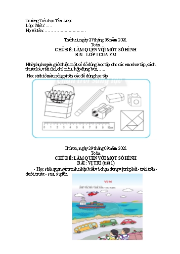 Nội dung học tập môn Toán Lớp 1 - Chủ đề: Làm quen với một số hình - Bài: Lớp 1 của em - Năm học 2021-2022 - Trường Tiểu học Tân Lược