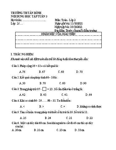 Nội dung học tập môn Toán Lớp 2 - Tuần 3 - Năm học 2021-2022 - Trường Tiểu học Tân Bình