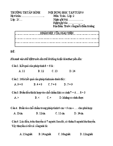 Nội dung học tập môn Toán Lớp 2 - Tuần 5 - Năm học 2021-2022 - Trường Tiểu học Tân Bình