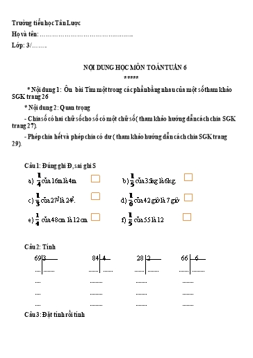 Nội dung học tập môn Toán Lớp 3 - Tuần 6 - Năm học 2021-2022 - Trường Tiểu học Tân Lược