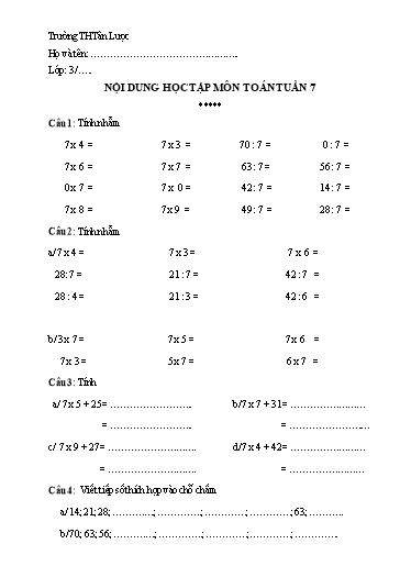 Nội dung học tập môn Toán Lớp 3 - Tuần 7 - Năm học 2021-2022 - Trường Tiểu học Tân Lược