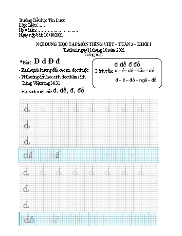 Nội dung học tập môn Toán, Tiếng Việt Lớp 1 - Tuần 3 - Năm học 2021-2022 - Trường Tiểu học Tân Lược