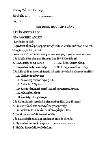 Nội dung học tập môn Toán, Tiếng Việt Lớp 3 - Tuần 3 - Năm học 2021-2022 - Trường Tiểu học Tân Lược