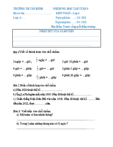 Nội dung học tập môn Toán, Tiếng Việt Lớp 4 - Tuần 5, 6 - Năm học 2021-2022 - Trường Tiểu học Tân Bình