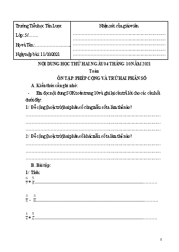 Nội dung học tập môn Toán, Tiếng Việt Lớp 5 - Tuần 2 - Năm học 2021-2022 - Trường Tiểu học Tân Lược