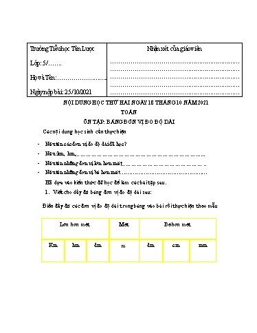 Nội dung học tập môn Toán, Tiếng Việt Lớp 5 - Tuần 4 - Năm học 2021-2022 - Trường Tiểu học Tân Lược