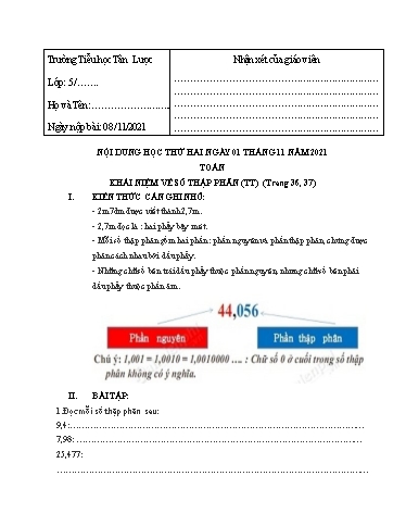 Nội dung học tập môn Toán, Tiếng Việt Lớp 5 - Tuần 6 - Năm học 2021-2022 - Trường Tiểu học Tân Lược