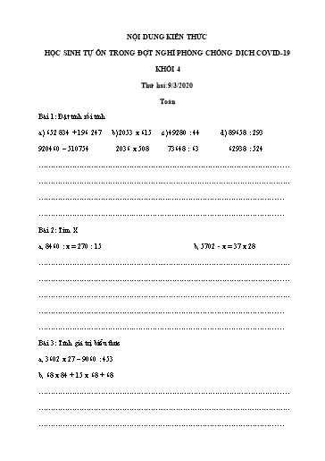 Nội dung kiến thức học sinh tự ôn môn Toán, Tiếng Việt Lớp 4 - Từ 9/3 đến 13/3 - Năm học 2019-2020
