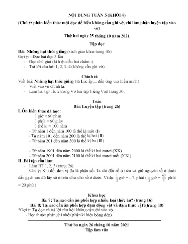 Nội dung ôn tập các môn Lớp 4 - Tuần 5 - Năm học 2021-2022 - Trường Tiểu học Tân Thành A