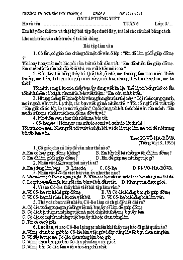 Nội dung ôn tập môn Tiếng Việt Khối 3 - Tuần 6 - Năm học 2021-2022 - Trường TH Nguyễn Văn Thảnh A