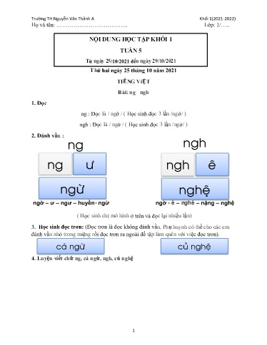Nội dung ôn tập môn Tiếng Việt Lớp 1 - Tuần 5 - Năm học 2021-2022 - Trường TH Nguyễn Văn Thảnh A