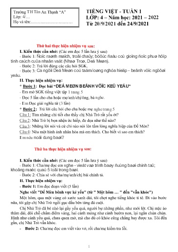 Nội dung ôn tập môn Tiếng Việt Lớp 4 - Tuần 1 - Năm học 2021-2022 - Trường Tiểu học Tân An Thạnh “A”
