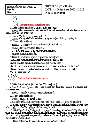 Nội dung ôn tập môn Tiếng Việt Lớp 4 - Tuần 1 - Năm học 2021-2022 - Trường Tiểu học Tân Thành A (Có đáp án)