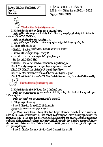 Nội dung ôn tập môn Tiếng Việt Lớp 4 - Tuần 2 - Năm học 2021-2022 - Trường Tiểu học Tân Thành A (Có đáp án)