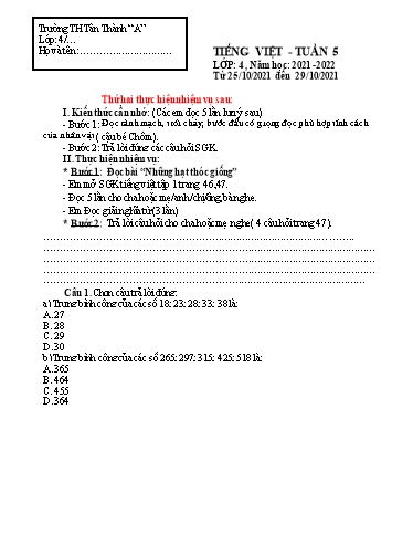 Nội dung ôn tập môn Tiếng Việt Lớp 4 - Tuần 5 - Năm học 2021-2022 - Trường Tiểu học Tân Thành A