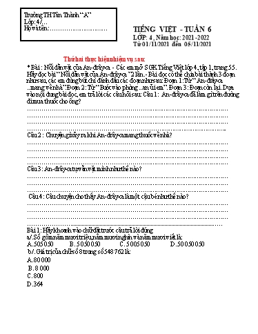 Nội dung ôn tập môn Tiếng Việt Lớp 4 - Tuần 6 - Năm học 2021-2022 - Trường Tiểu học Tân Thành A