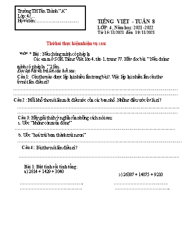 Nội dung ôn tập môn Tiếng Việt Lớp 4 - Tuần 8 - Năm học 2021-2022 - Trường Tiểu học Tân Thành A