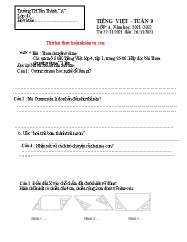 Nội dung ôn tập môn Tiếng Việt Lớp 4 - Tuần 9 - Năm học 2021-2022 - Trường Tiểu học Tân Thành A