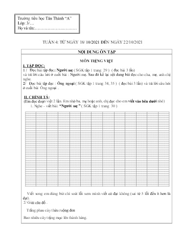 Nội dung ôn tập môn Tiếng Việt, Toán Lớp 3 - Tuần 4 - Năm học 2021-2022 - Trường Tiểu học Tân An Thạnh “A”