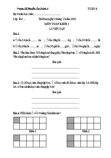 Nội dung ôn tập môn Toán Khối 3 - Tuần 6 - Năm học 2021-2022 - Trường TH Nguyễn Văn Thảnh A