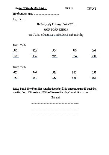 Nội dung ôn tập môn Toán Lớp 3 - Tuần 3 - Năm học 2021-2022 - Trường TH Nguyễn Văn Thảnh A