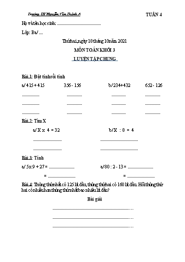 Nội dung ôn tập môn Toán Lớp 3 - Tuần 4 - Năm học 2021-2022 - Trường TH Nguyễn Văn Thảnh A