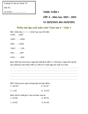 Nội dung ôn tập môn Toán Lớp 4 - Tuần 1 - Năm học 2021-2022 - Trường Tiểu học Tân An Thạnh “A”