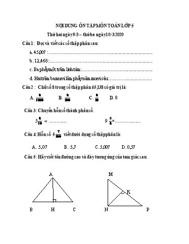 Nội dung ôn tập môn Toán Lớp 5 - Từ 9/3 đến 13/3 - Năm học 2019-2020