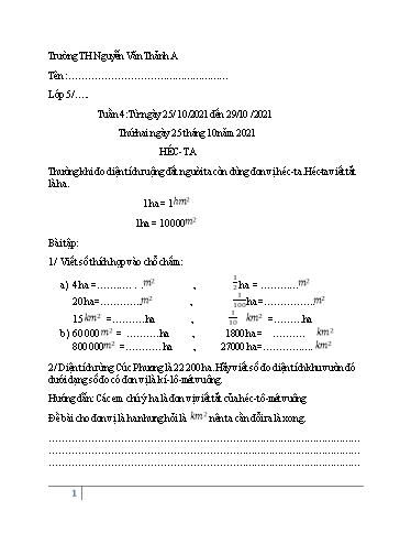 Nội dung ôn tập môn Toán Lớp 5 - Tuần 5 - Năm học 2021-2022 - Trường TH Nguyễn Văn Thảnh A
