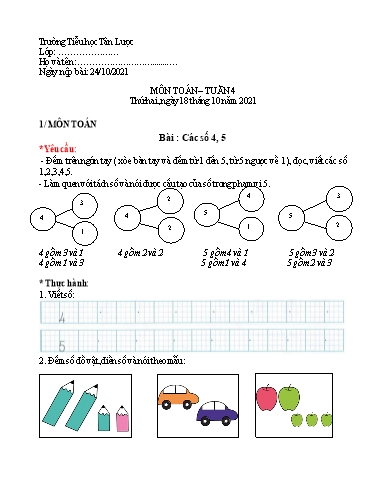 Nội dung ôn tập môn Toán, Tiếng Việt Lớp 1 - Tuần 4 - Năm học 2021-2022 - Nguyễn Thị Tuyết Lan
