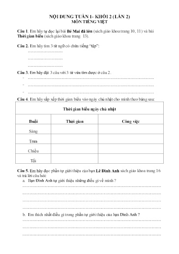 Nội dung ôn tập môn Toán, Tiếng Việt Lớp 2 - Tuần 1 - Năm học 2021-2022 - Trường Tiểu học Tân Thành A