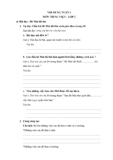 Nội dung ôn tập môn Toán, Tiếng Việt Lớp 2 - Tuần 1 - Trường Tiểu học Tân Thành A