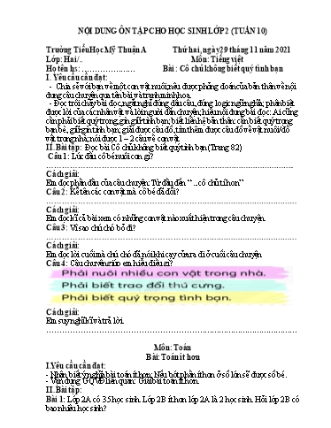 Nội dung ôn tập môn Toán, Tiếng Việt Lớp 2 - Tuần 10 - Năm học 2021-2022 - Trường Tiểu học Mỹ Thuận A