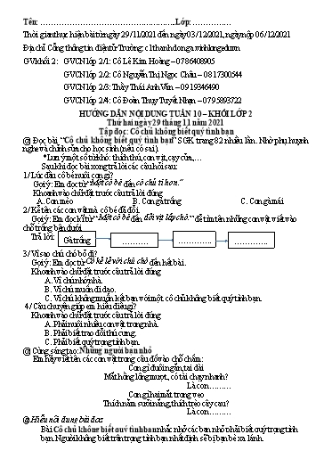 Nội dung ôn tập môn Toán, Tiếng Việt Lớp 2 - Tuần 10 - Năm học 2021-2022 - Trường Tiểu học Tân Thành A
