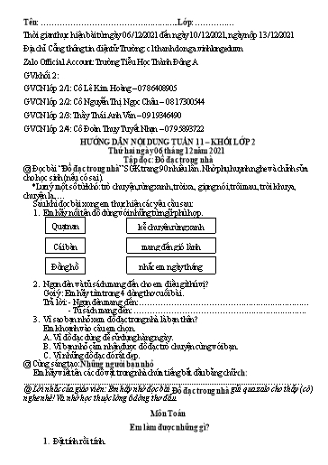 Nội dung ôn tập môn Toán, Tiếng Việt Lớp 2 - Tuần 11 - Năm học 2021-2022 - Trường Tiểu học Tân Thành A