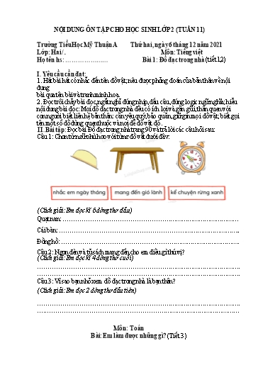 Nội dung ôn tập môn Toán, Tiếng Việt Lớp 2 - Tuần 11 - Năm học 2021-2022 - Trường Tiểu học Mỹ Thuận A