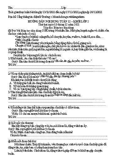 Nội dung ôn tập môn Toán, Tiếng Việt Lớp 2 - Tuần 12 - Năm học 2021-2022 - Trường Tiểu học Tân Thành A