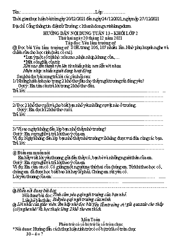 Nội dung ôn tập môn Toán, Tiếng Việt Lớp 2 - Tuần 13 - Năm học 2021-2022 - Trường Tiểu học Tân Thành A