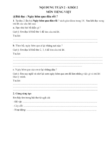 Nội dung ôn tập môn Toán, Tiếng Việt Lớp 2 - Tuần 2 - Năm học 2021-2022 - Trường Tiểu học Tân Thành A