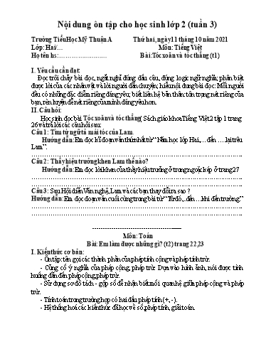 Nội dung ôn tập môn Toán, Tiếng Việt Lớp 2 - Tuần 3 - Năm học 2021-2022 -  Trường Tiểu học Mỹ Thuận A