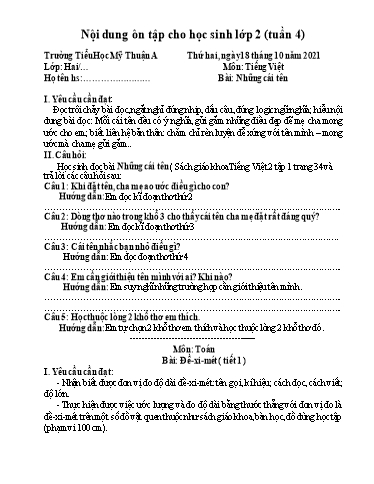 Nội dung ôn tập môn Toán, Tiếng Việt Lớp 2 - Tuần 4 - Năm học 2021-2022 - Trường Tiểu học Mỹ Thuận A