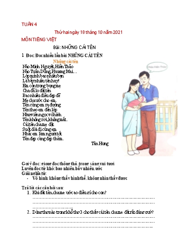 Nội dung ôn tập môn Toán, Tiếng Việt Lớp 2 - Tuần 4 - Năm học 2021-2022 - Trường Tiểu học Tân Lược