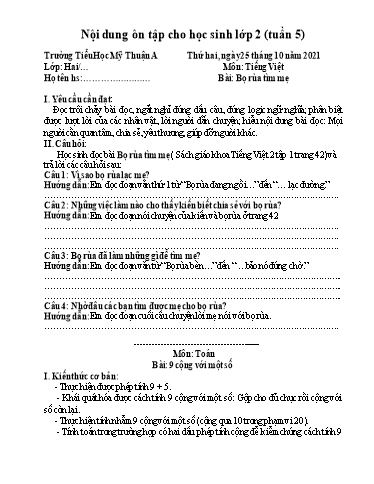 Nội dung ôn tập môn Toán, Tiếng Việt Lớp 2 - Tuần 5 - Năm học 2021-2022 - Trường Tiểu học Mỹ Thuận A