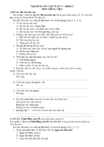 Nội dung ôn tập môn Toán, Tiếng Việt Lớp 2 - Tuần 5 - Năm học 2021-2022 - Trường Tiểu học Tân Thành A