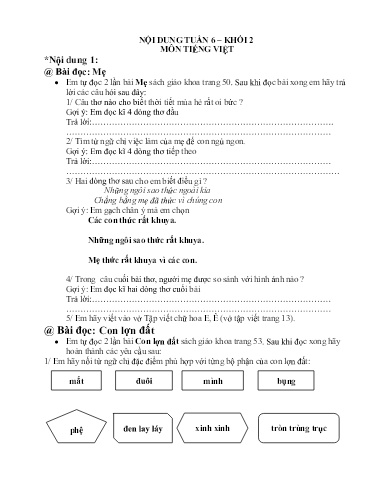 Nội dung ôn tập môn Toán, Tiếng Việt Lớp 2 - Tuần 6 - Năm học 2021-2022 - Trường Tiểu học Tân Thành A