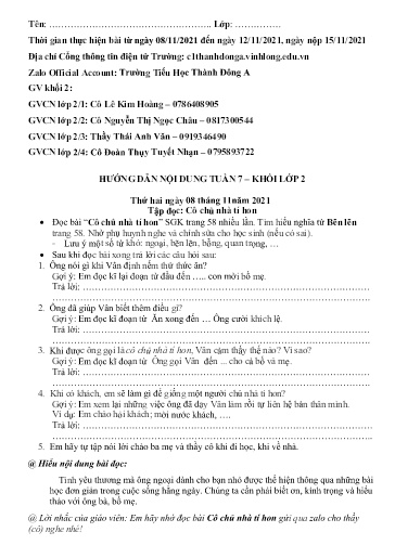Nội dung ôn tập môn Toán, Tiếng Việt Lớp 2 - Tuần 7 - Năm học 2021-2022 - Trường Tiểu học Tân Thành A