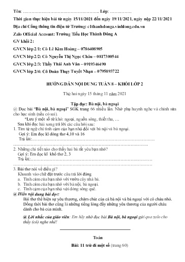 Nội dung ôn tập môn Toán, Tiếng Việt Lớp 2 - Tuần 8 - Năm học 2021-2022 - Trường Tiểu học Tân Thành A