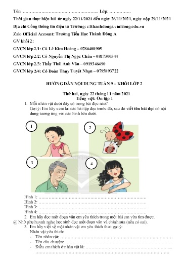 Nội dung ôn tập môn Toán, Tiếng Việt Lớp 2 - Tuần 9 - Năm học 2021-2022 - Trường Tiểu học Tân Thành A