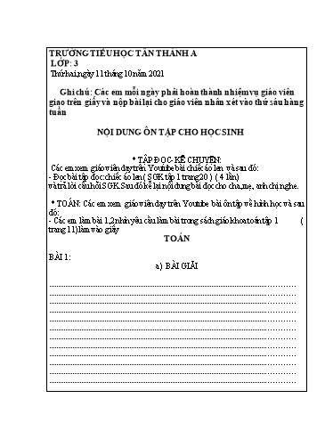 Nội dung ôn tập môn Toán, Tiếng Việt Lớp 3 - Năm học 2021-2022 - Trường Tiểu học Tân Thành A